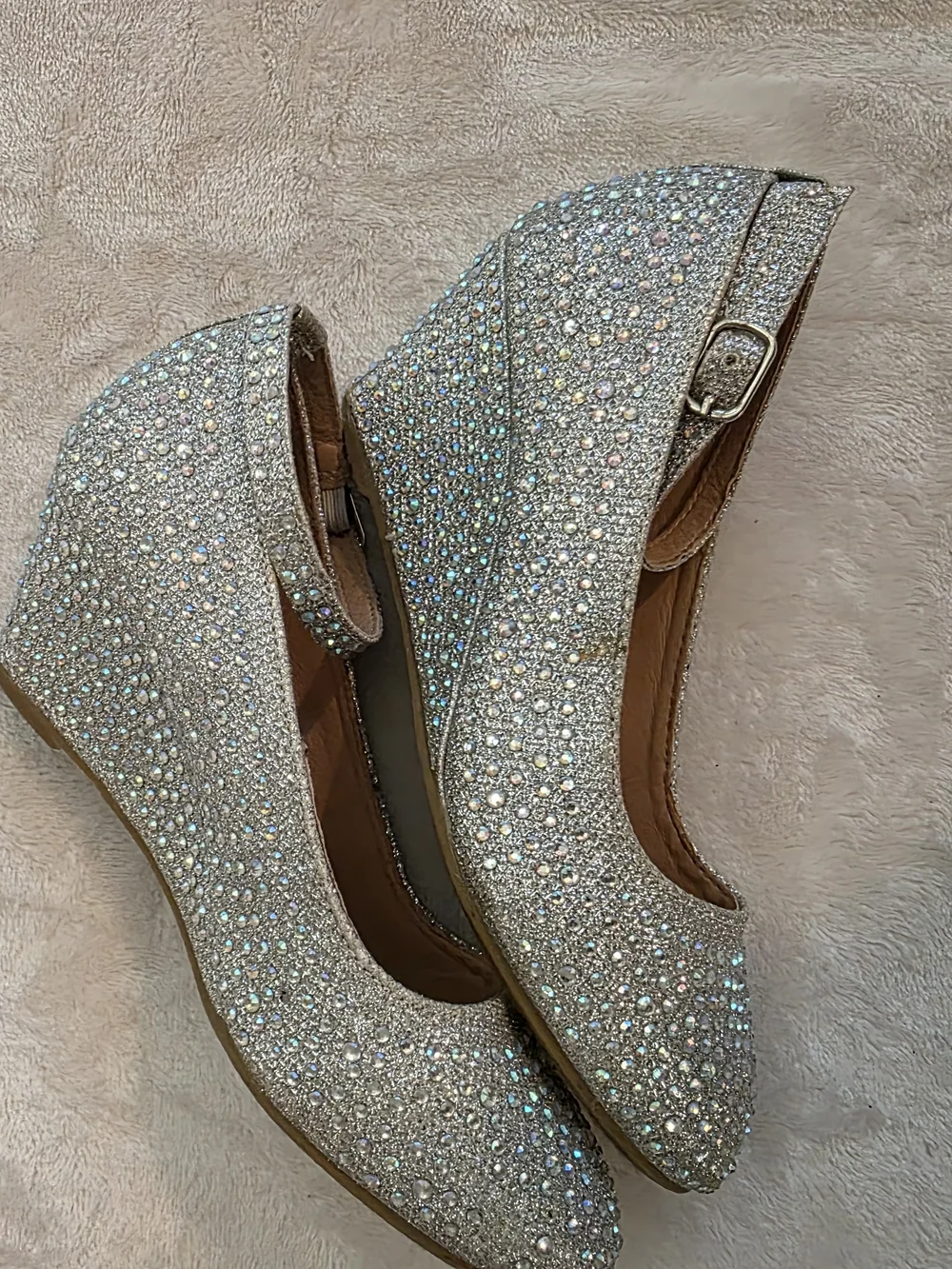 Crystal Embellished Silver Wedge Heels with Ankle Strap